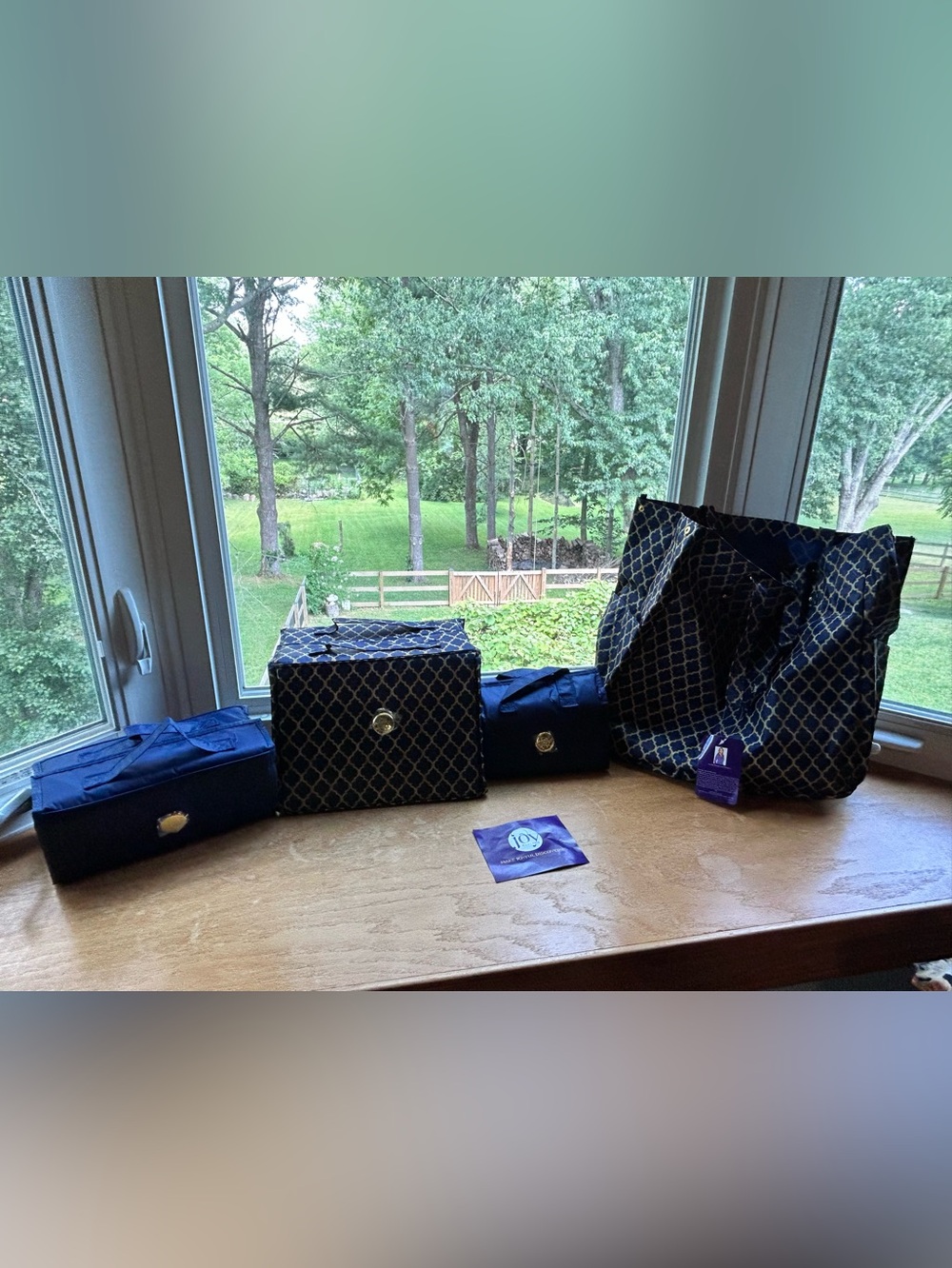 Joy Mangano Blue Travel Bag Set RFID Shopper Tote W/Roll Up Beauty Storage read